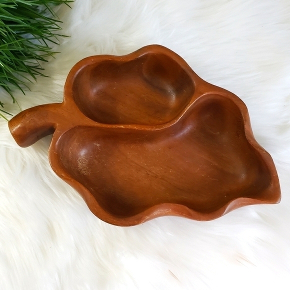 Vintage Monkey Pod Wood MCM boho Leaf Carved Bowl Dish - Picture 2 of 14